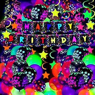 Jetec 71 Pcs Neon Birthday Party Supplies Decorations Include Clear Glow in the Dark Balloons, UV Neon Balloons, Neon Star Hanging Swirls, Happy Birthday Banner for Glow Birthday Party UV Neon Party