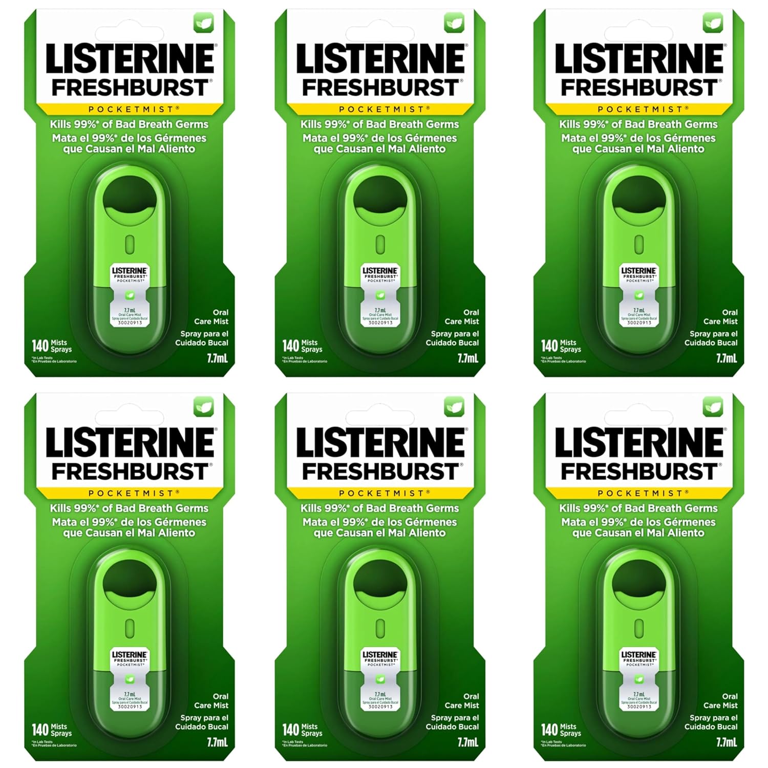 Listerine Freshburst Pocketmist Fresh Breath Oral Care Mist, Non-Aerosol Sugar-Free Minty Breath Refresher Spray to Kill 99% of Bad Breath Germs, Portable, Spearmint Flavor, 6 x 7.7 mL