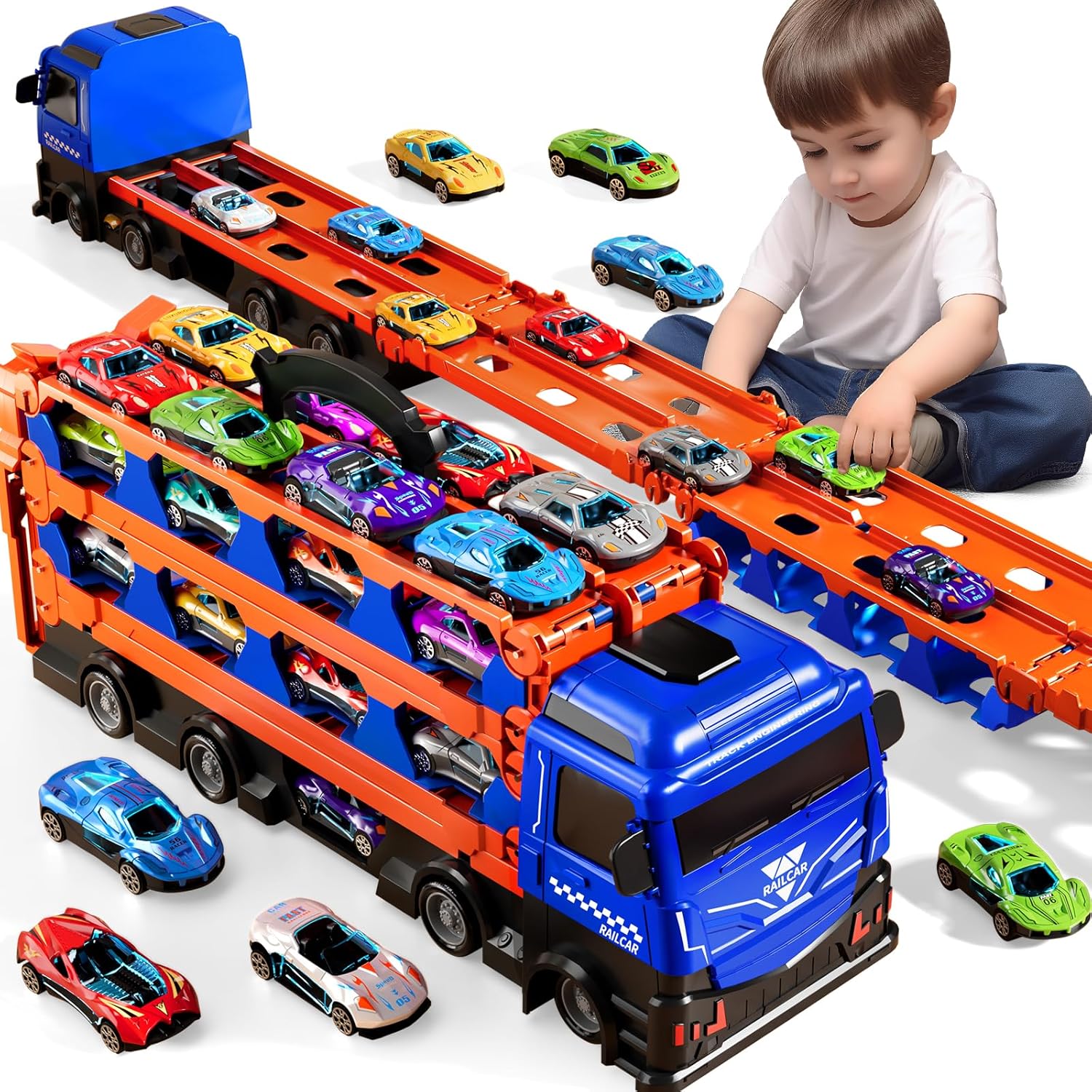 Toy Truck for 3 4 5 6 Years Old Kids Boys, 78-Inch Race Track Transport Vehicle and 12 Die-Cast Metal Toy Cars, Carrier Truck Toddler Truck Car Toys Set Gifts for Age 3-12 Years Old Kids Boys