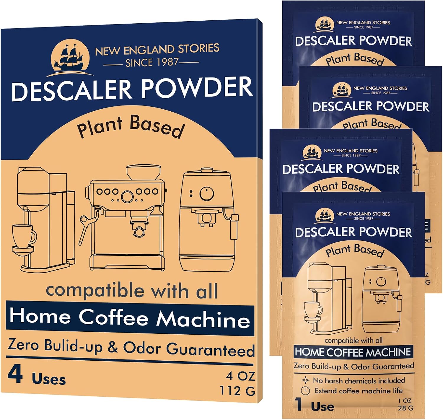 Descaling Powder Solution (4 Uses) Removes Scale and Build-Up, Automatic Coffee Pots & Makers & Espresso Machines Descaler, Compatible with Keurig Breville Nespresso Delonghi Ninja