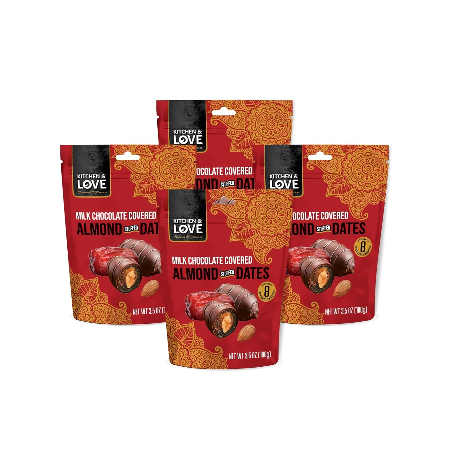Kitchen & Love Milk Chocolate Covered Almond Stuffed Dates in a Convenient Resealable Pouch, 8 Individually Wrapped Pieces, Healthy Snack, 3.5 oz pouch (Pack of 4)