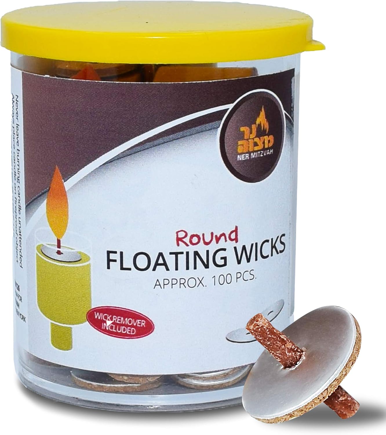 Round Floating Wicks - 100 Count (Approx.), Cotton Wicks and Cork Disc Holders for Oil Cups - Bonus Wick Removal Tweezers - by Ner Mitzvah