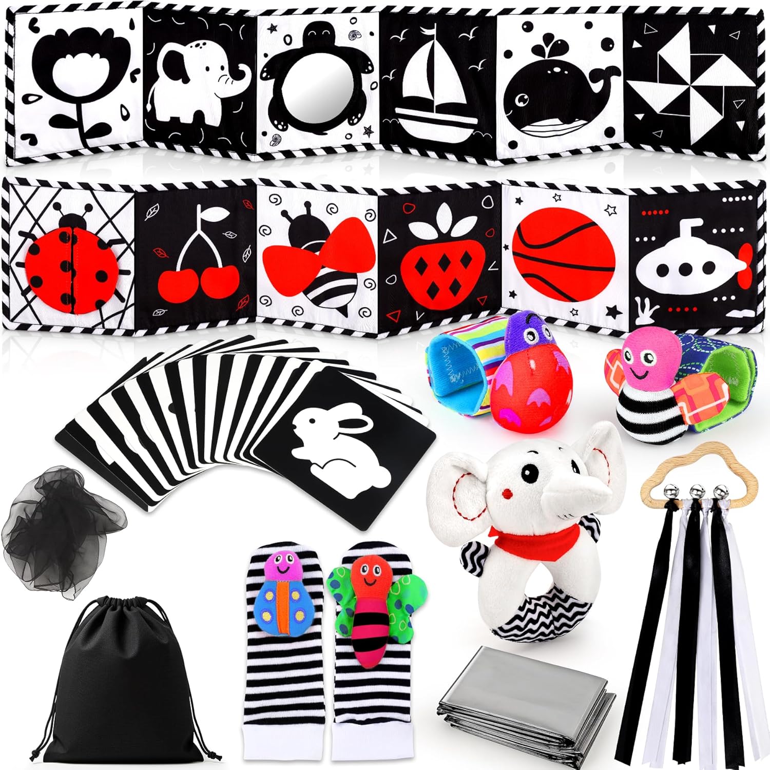 Perbabe Baby Sensory Toys, 31 PCS Black and White Sensory Toys 0-12 Month Newborn Toys with Black&Red Baby Book, Sensory Cards, Ribbon Ring, Babys Socks, Babys Wrist, Tummy Time Toy for Baby Gifts