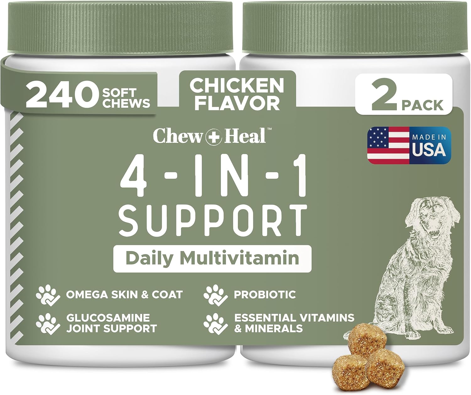 All in 1 Dog Vitamins and Supplements, 240 Soft Chew Multivitamins with Glucosamine, Probiotics, Omega Fish Oil -for Skin, Coat, Hip, Joint & Gut Health -Senior & Puppy (2 Packs of 120)
