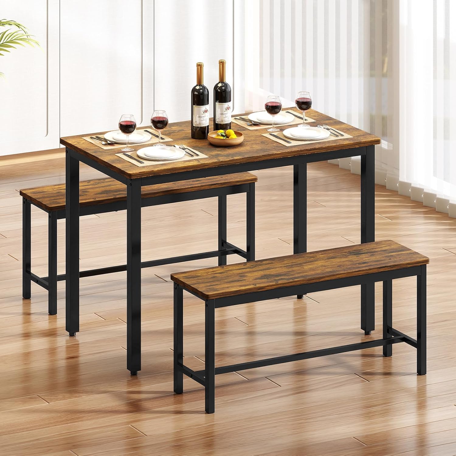 Rovibek 43" Dining Table Set for 4, Modern Space Saving Kitchen Breakfast Table with Benches & Adjustable Feet, Wooden Industrial Style Farmhouse, Brown