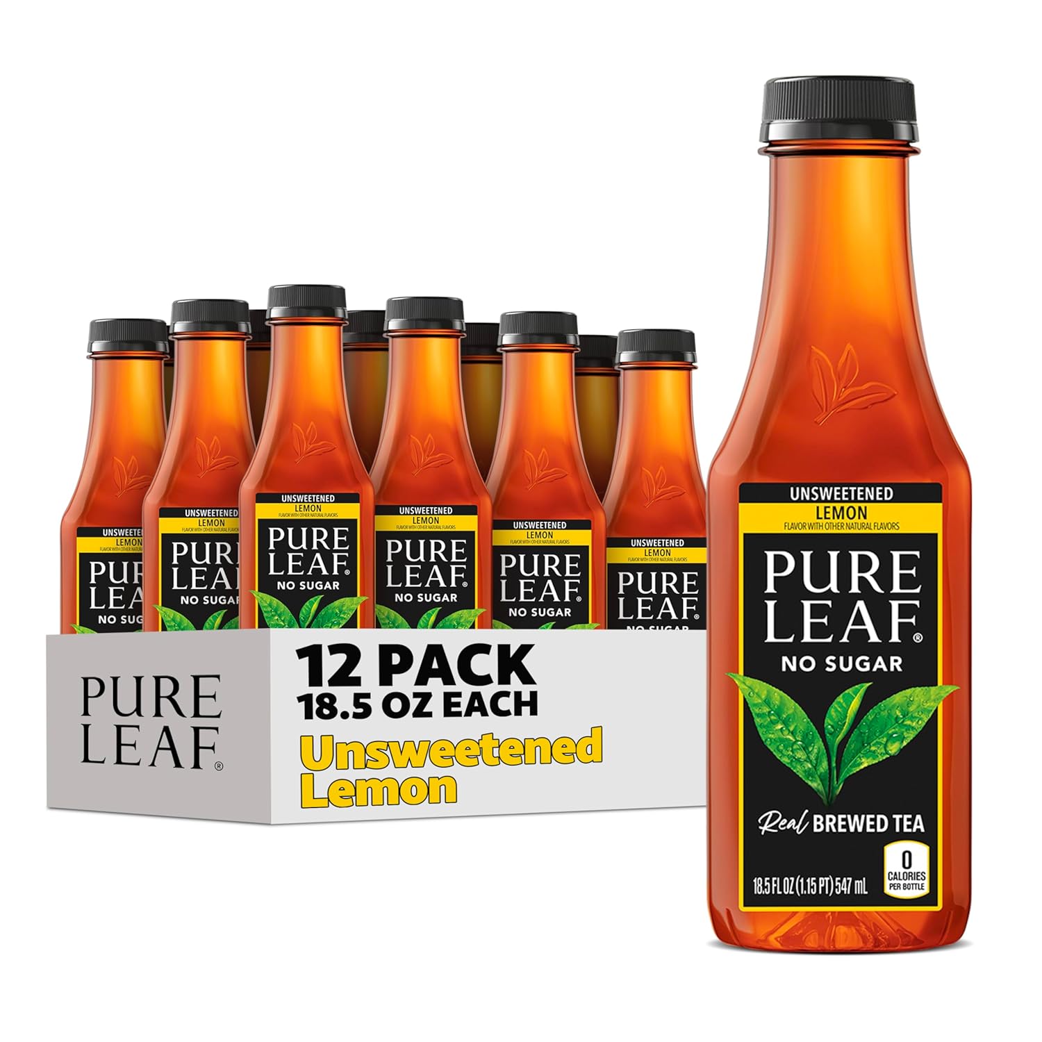 Pure Leaf Iced Tea, Unsweetened Lemon, Real Brewed Tea, Zero Sugar & Zero Calories, 18.5 Fl Oz Bottles (Pack of 12)
