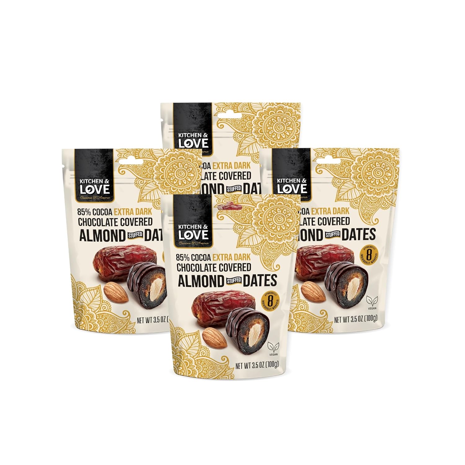 Kitchen & Love Chocolate Covered Almond Stuffed Dates in a Convenient Resealable Pouch, 8 Individually Wrapped Pieces, 85% Extra Dark Chocolate, Healthy Snack, 3.5 oz pouch (Pack of 4)