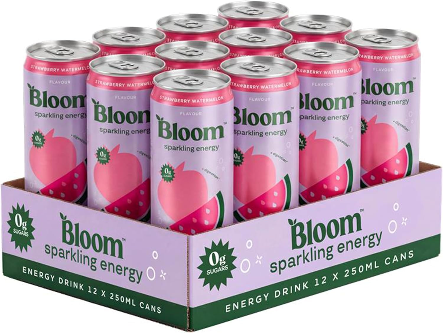 Bloom Nutrition Sparkling Energy Drink Strawberry Watermelon 250ml (12 Pack) | Zero Sugar Energy Drink with 80mg Natural Caffeine, Vitamins C, B3 & B5 | Low Calorie and Multivitamin Energy Drink
