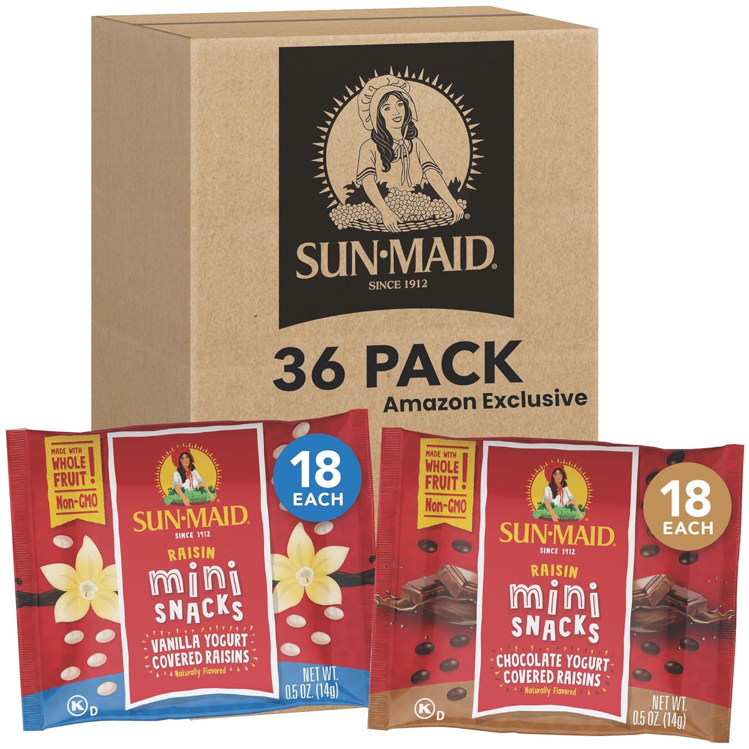 Sun-Maid Vanilla & Chocolate Yogurt Coated Raisins Variety Pack - (36 Pack) 0.5 oz Mini Snack-Size Bag - Yogurt Covered Dried Fruit Snack (Amazon Exclusive)