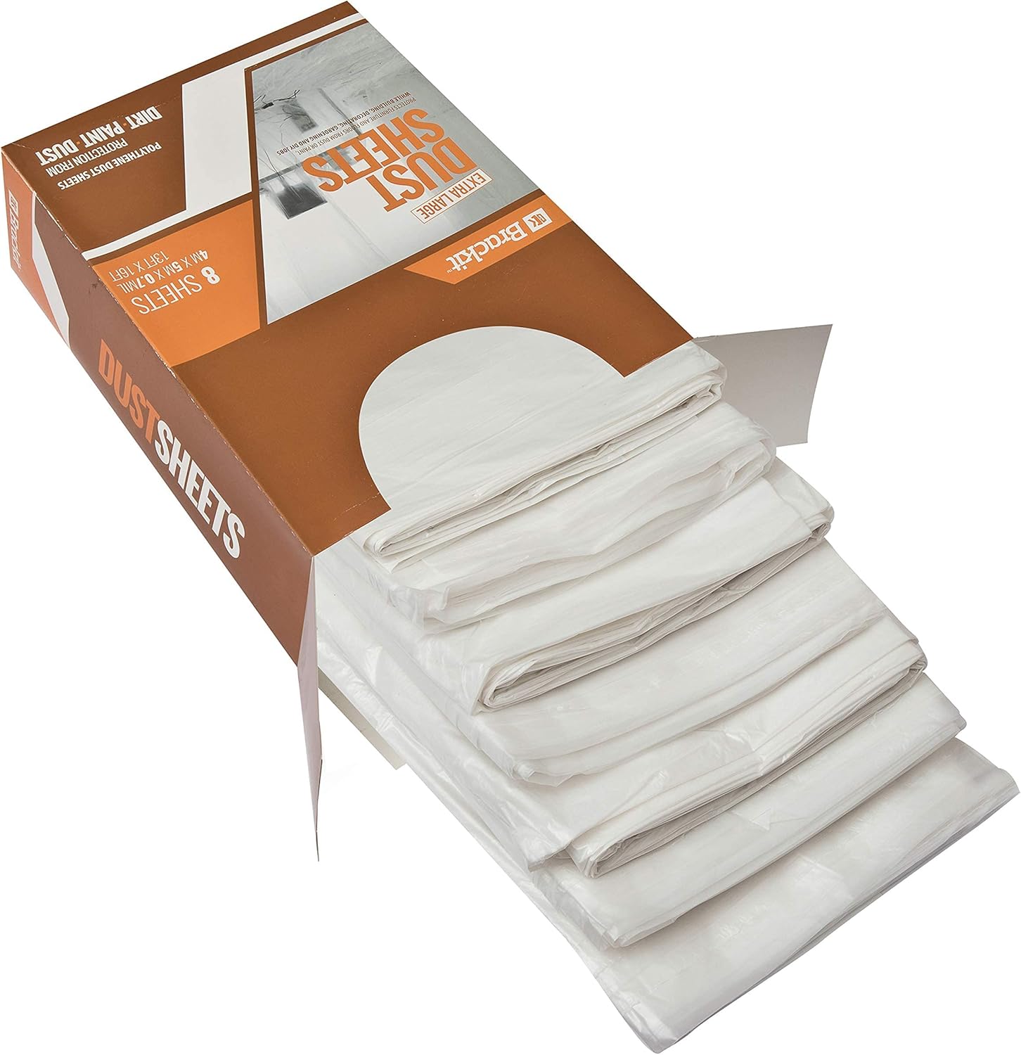 Brackit 8 Pack - Extra Large Plastic Dust Sheet for Decorating - 5 x 4m (16 x 13ft) - 20 Micron - Embossed White Plastic Sheets for Painting - Waterproof Plastic Sheets for Painting & Covering