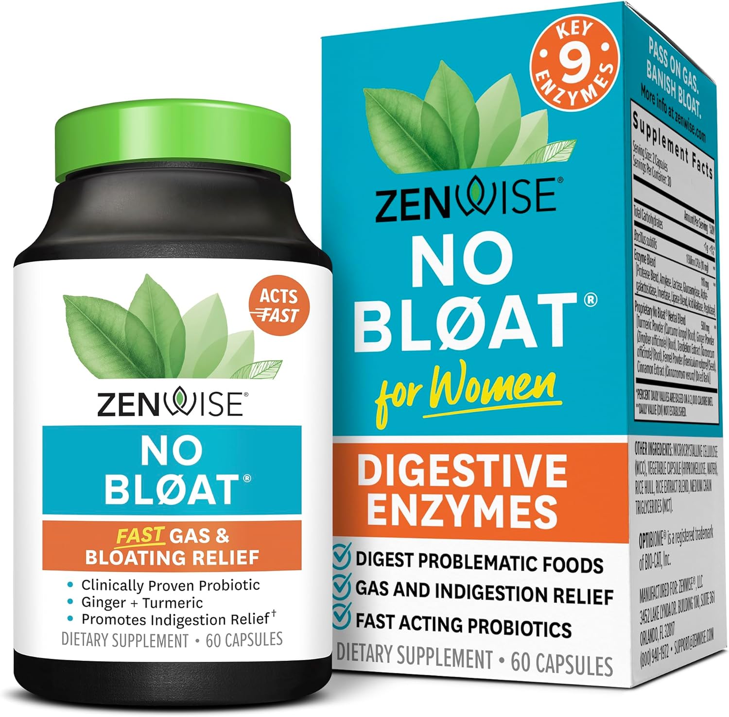 Zenwise Health No Bloat Digestive Enzymes for Gut Health, Gas & Bloating Relief - Multi Enzymes Digestion Supplement with Probiotics, Ginger, Turmeric Dandelion & Lactase - Men & Women - 60 Count