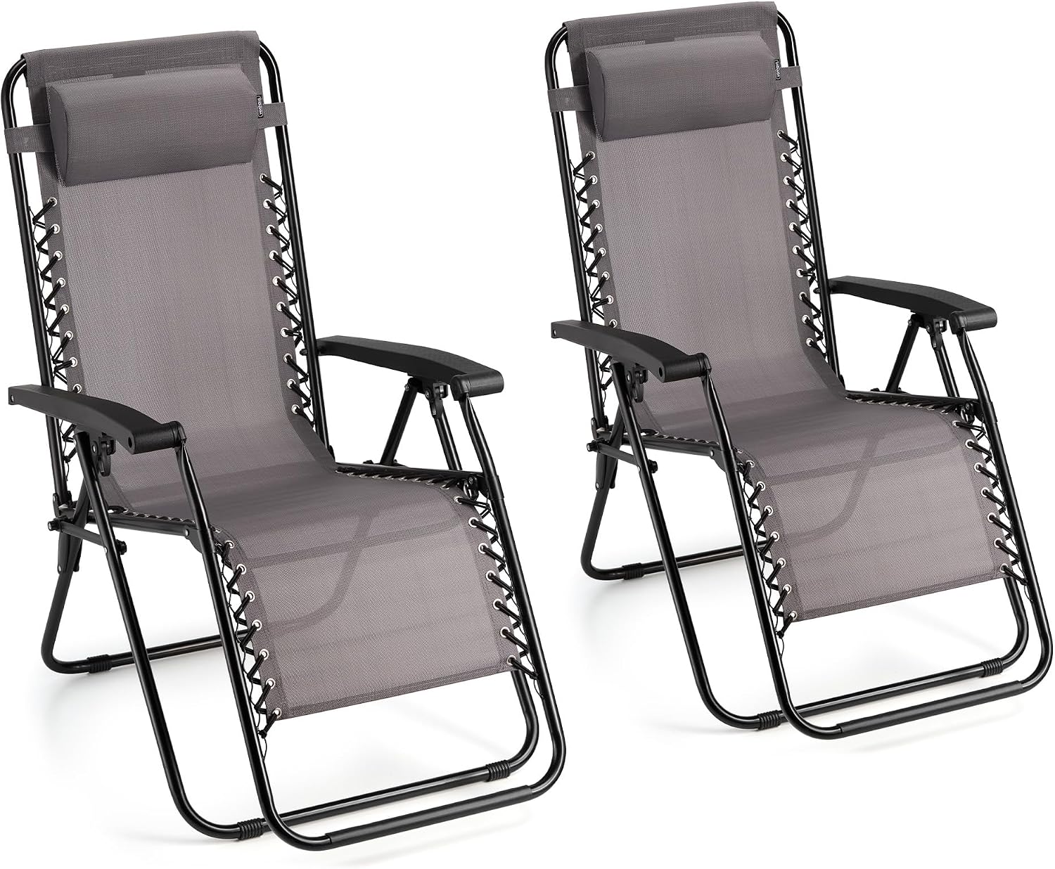 VonHaus Zero Gravity Chairs Set of 2 - Grey Reclining Sun Loungers for Garden - Textilene Folding Sunloungers with Detachable Head Pillow - Fold Away 2 Set Deck Chairs for Outdoor, Patio & Decking