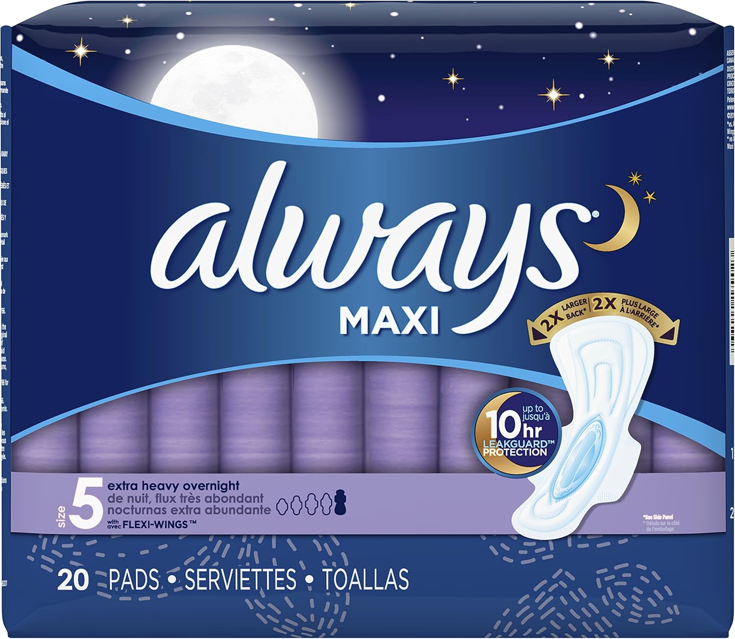 Always Maxi, Size 5, Extra Heavy Overnight Pads With Wings, Unscented, 20 Count