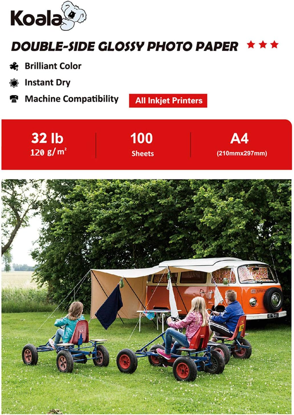 KOALA Double Sided Glossy Inkjet Photo Paper A4, 120gsm, 100 Sheets for Inkjet Printers. Suitable for Printing Photos, Brochures, Covers, Certificates, Booklets, Flyers, Leaflets, Cards, Calendars
