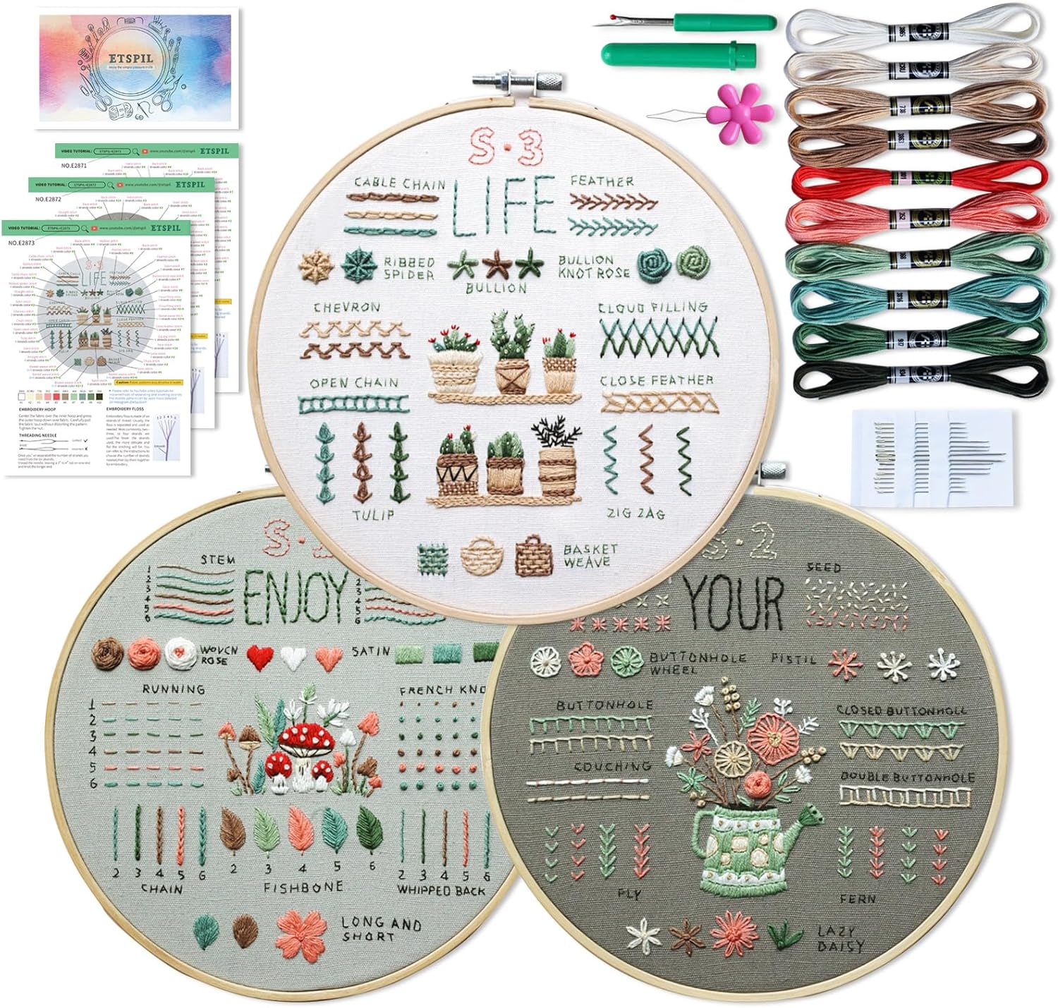 ETSPIL 3 Sets Embroidery kit for Beginners Adults,Learn 33 Different Stitches DIY Kits ,Includes Stamped Flower Pattern, Hoop, Color Threads,Tools,Easy to Follow Instruction & Video… (Simple B)