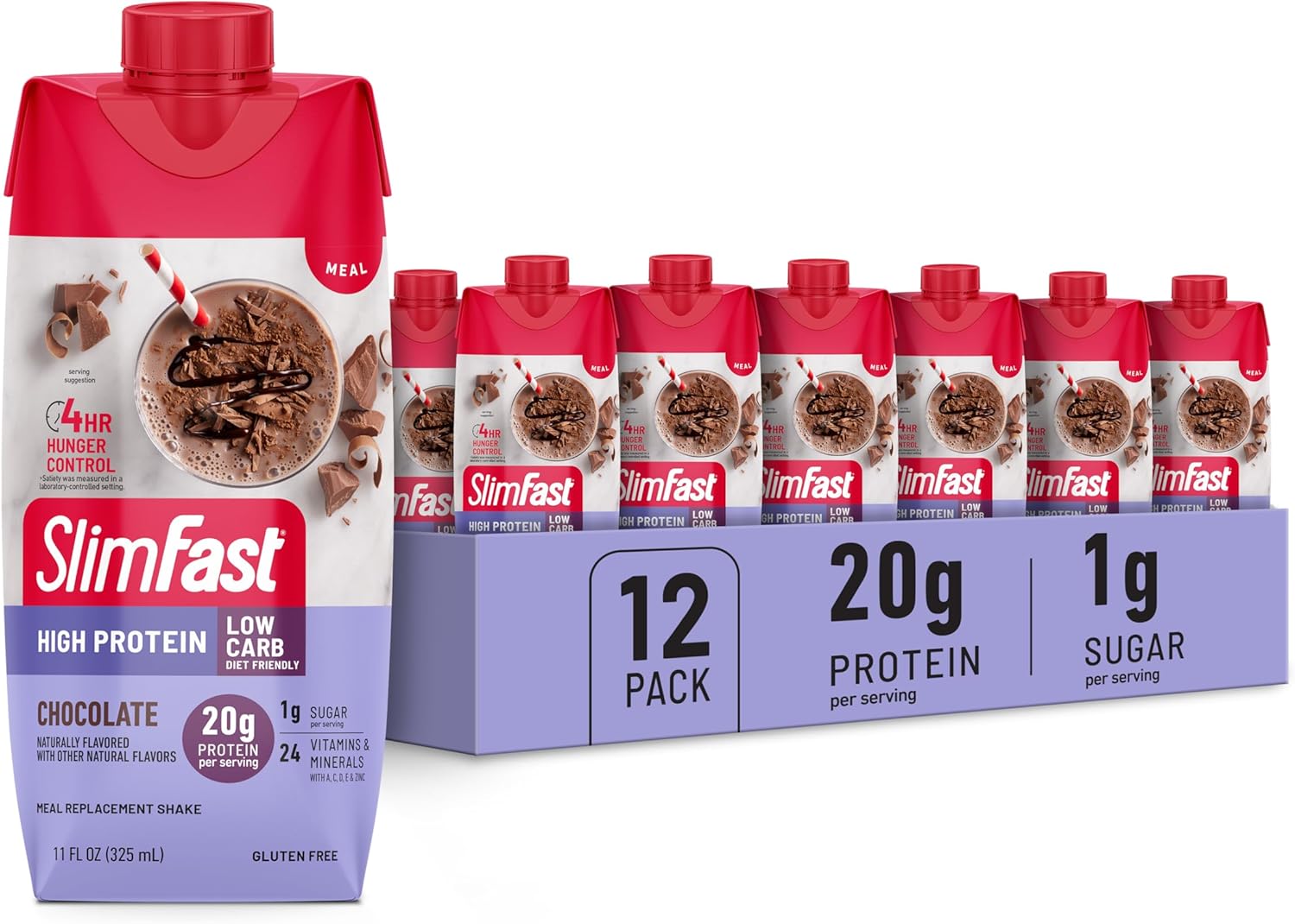 SlimFast Protein Shake, Chocolate- 20g Protein, Meal Replacement Shake Ready to Drink, High Protein with Low Carb and Low Sugar, 24 Vitamins and Minerals, 12 Count (Pack of 1) (Packaging May Vary)