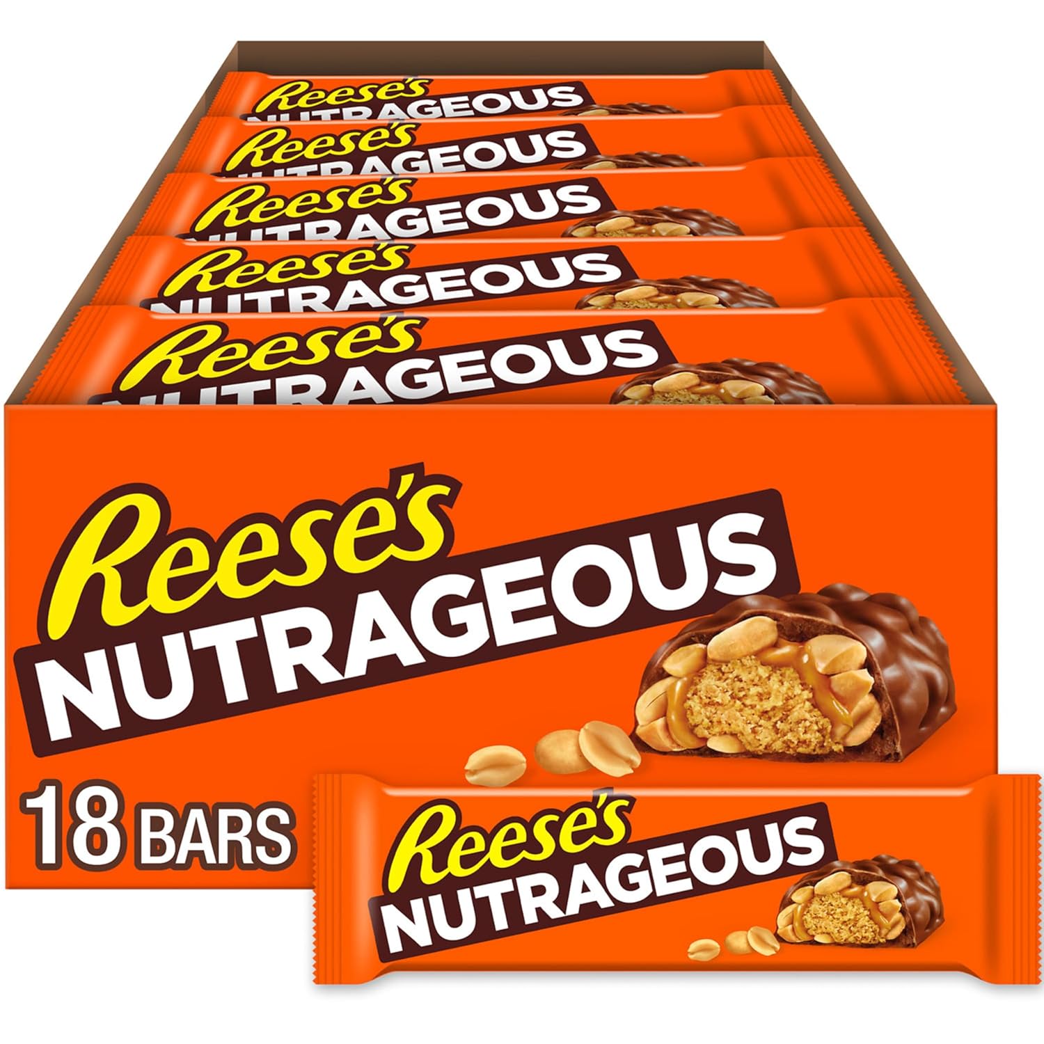 REESE'S NUTRAGEOUS Chocolate, Peanut Butter, Caramel and Peanut Candy Bars, 1.66 oz (18 Count)
