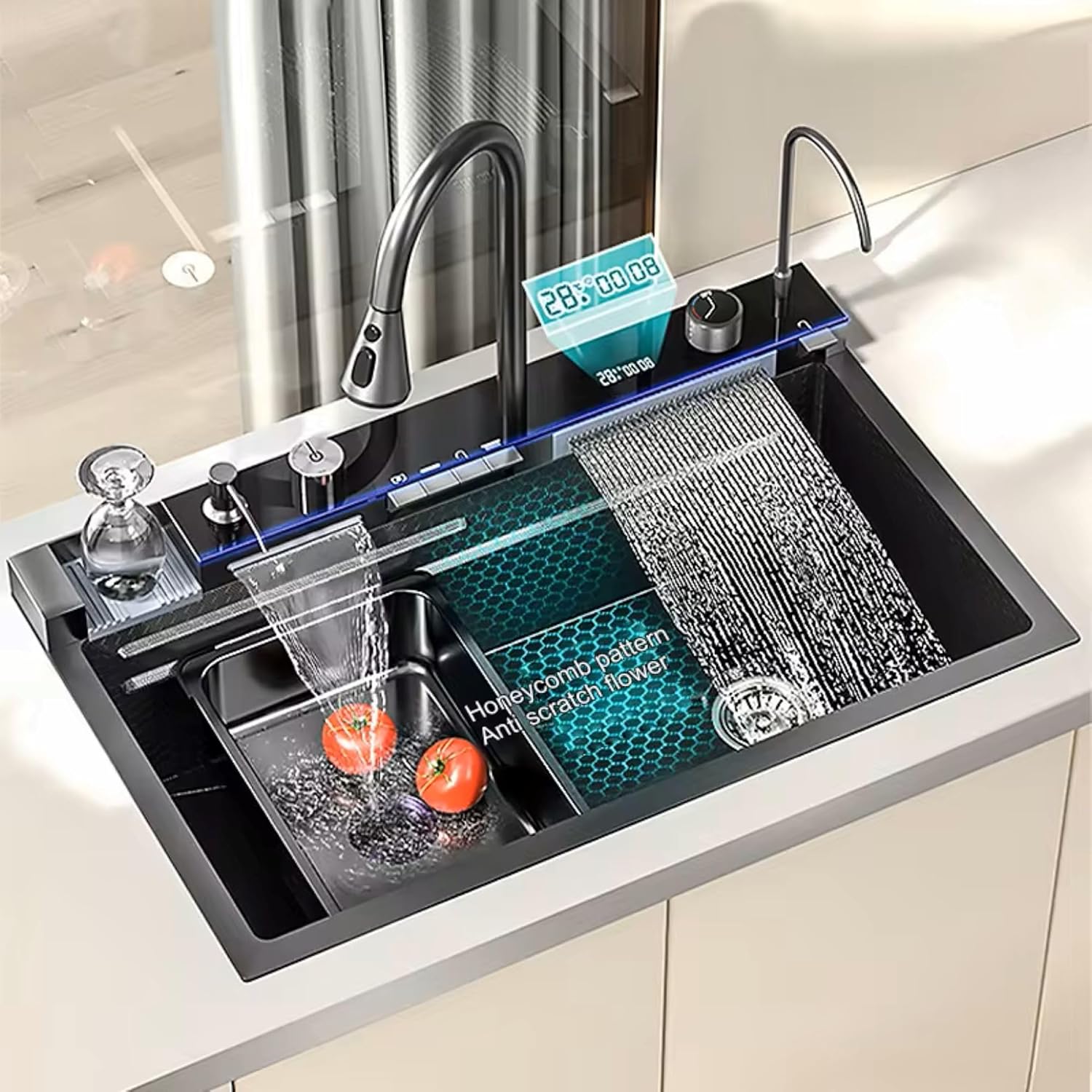 quick.simple.easy SEQ Anti-Scratch 304 Stainless Steel Kitchen Single Slot Sink. Multifunction with LED Digital Display Waterfall Kitchen Sink Cup Washer