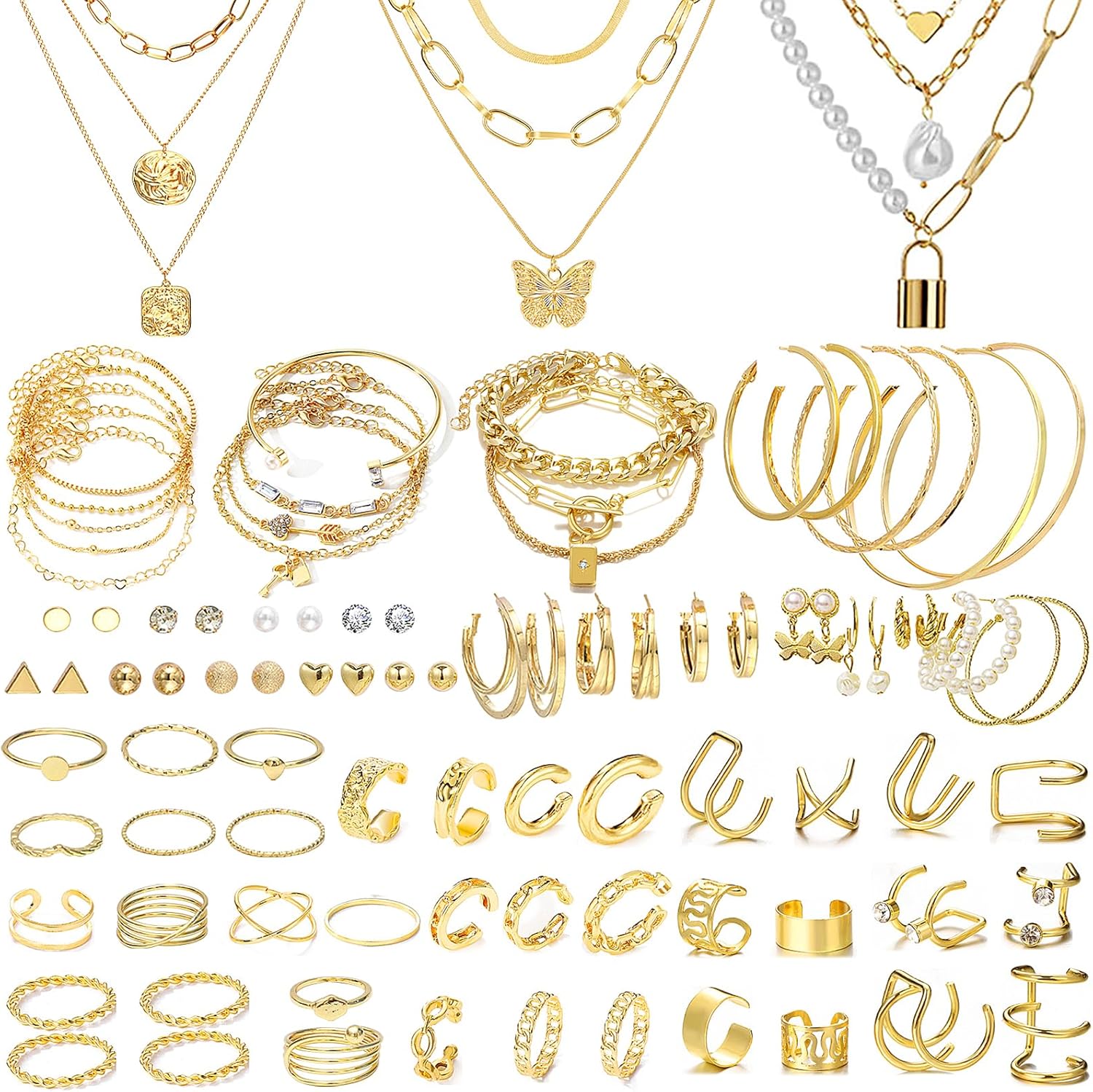 NEWITIN 93 Pieces Gold Jewelry Set for Women Fashion Costume Jewelry Gold Plated Ear Cuffs Necklaces Bracelets Rings Earrings Set for Women