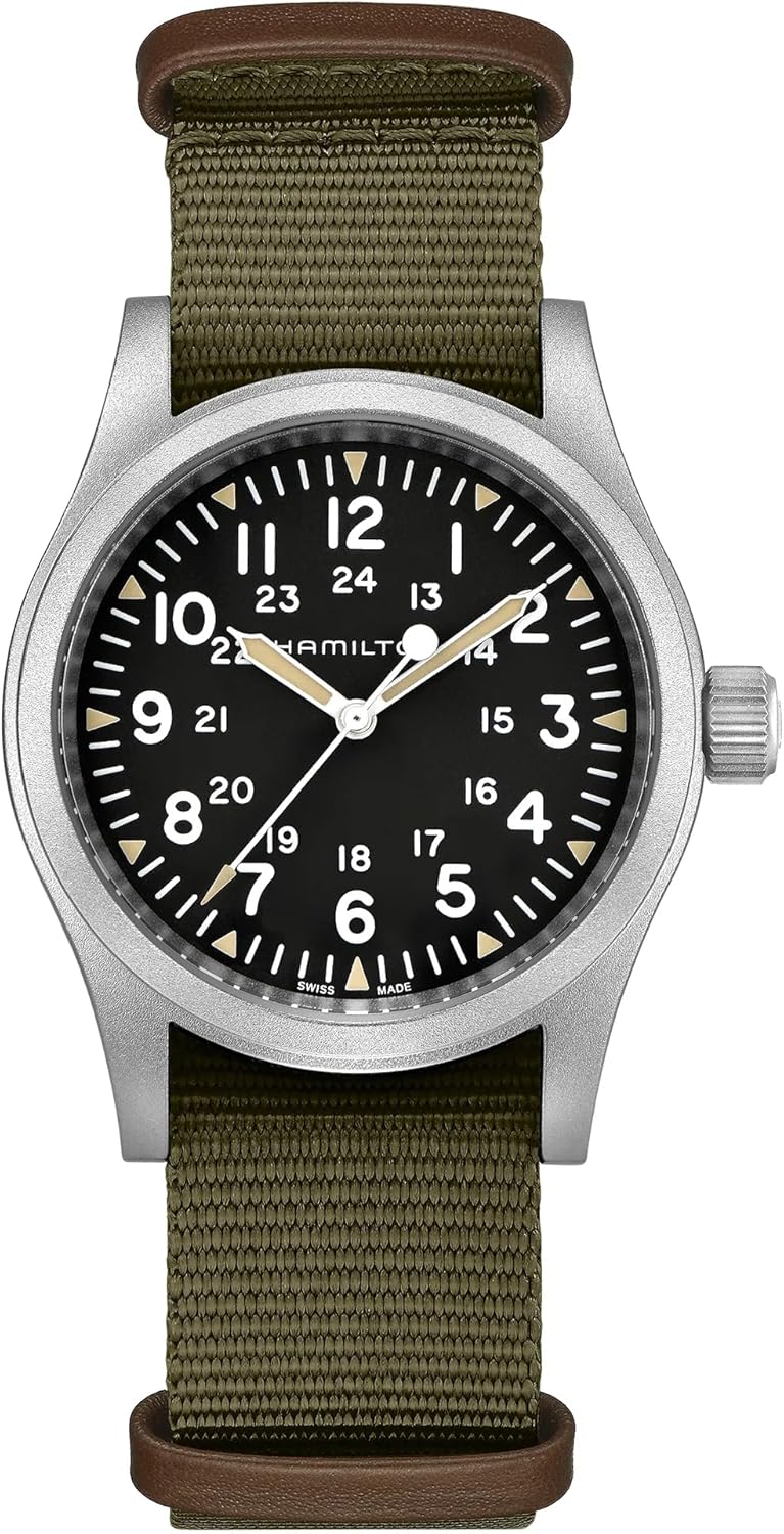 Hamilton Watch Khaki Field Mechanical 38mm | Swiss Made | 38mm Stainless Steel Case | Black Dial Analog Watch | Green Textile NATO Strap (Model: H69439931)