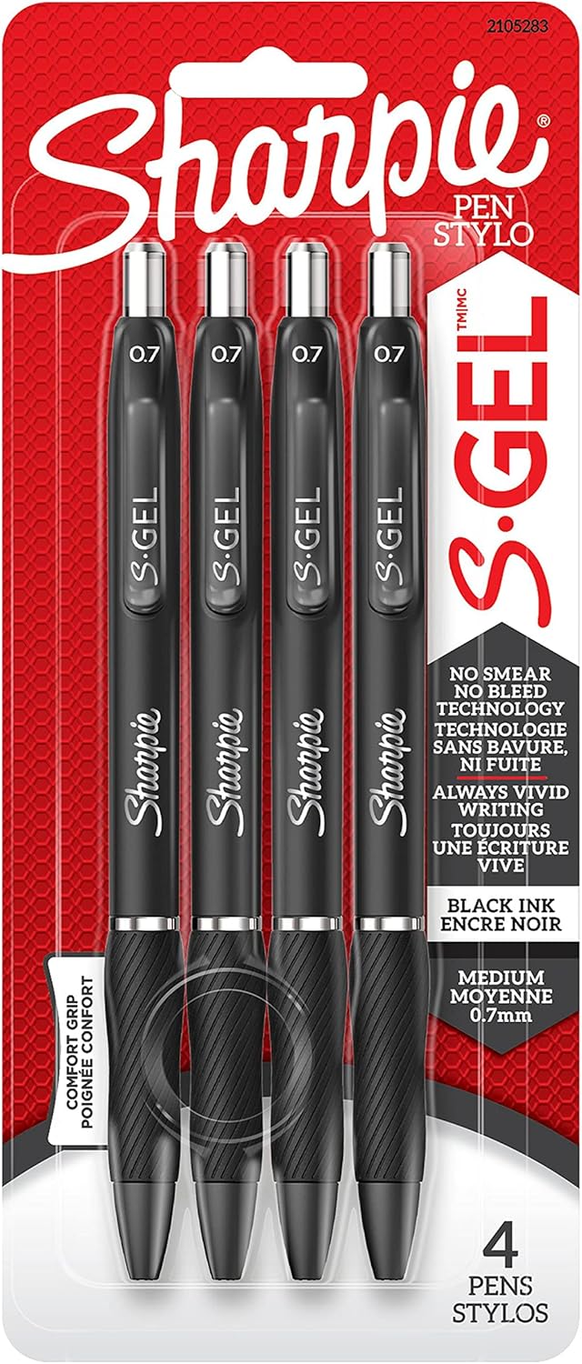 Sharpie S-Gel, Gel Pens, Medium Point (0.7mm), Black Ink Gel Pen, 4 Count