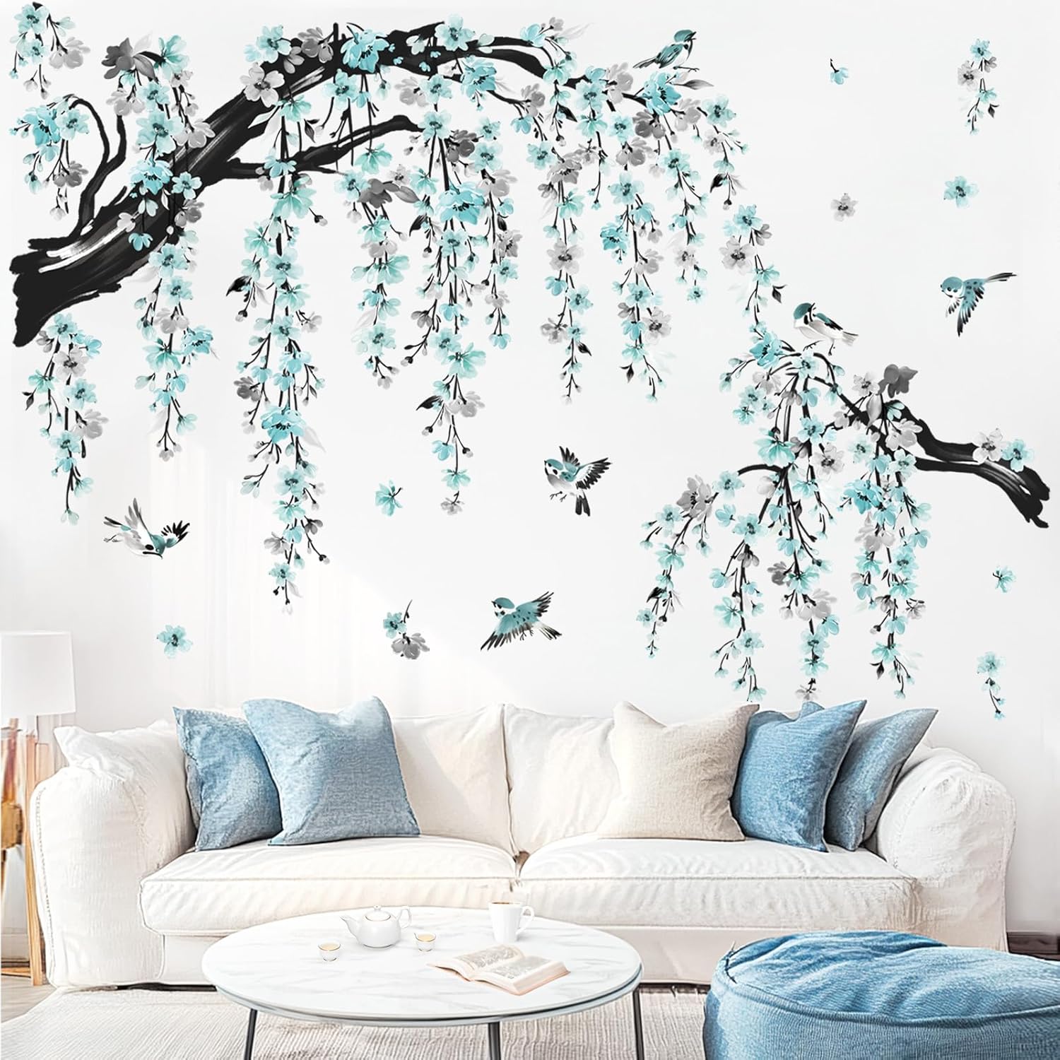 wondever Large Watercolor Flower Branch Wall Stickers Blue Blossom Tree Branches Peel and Stick Wall Art Decals for Living Room Bedroom TV Wall
