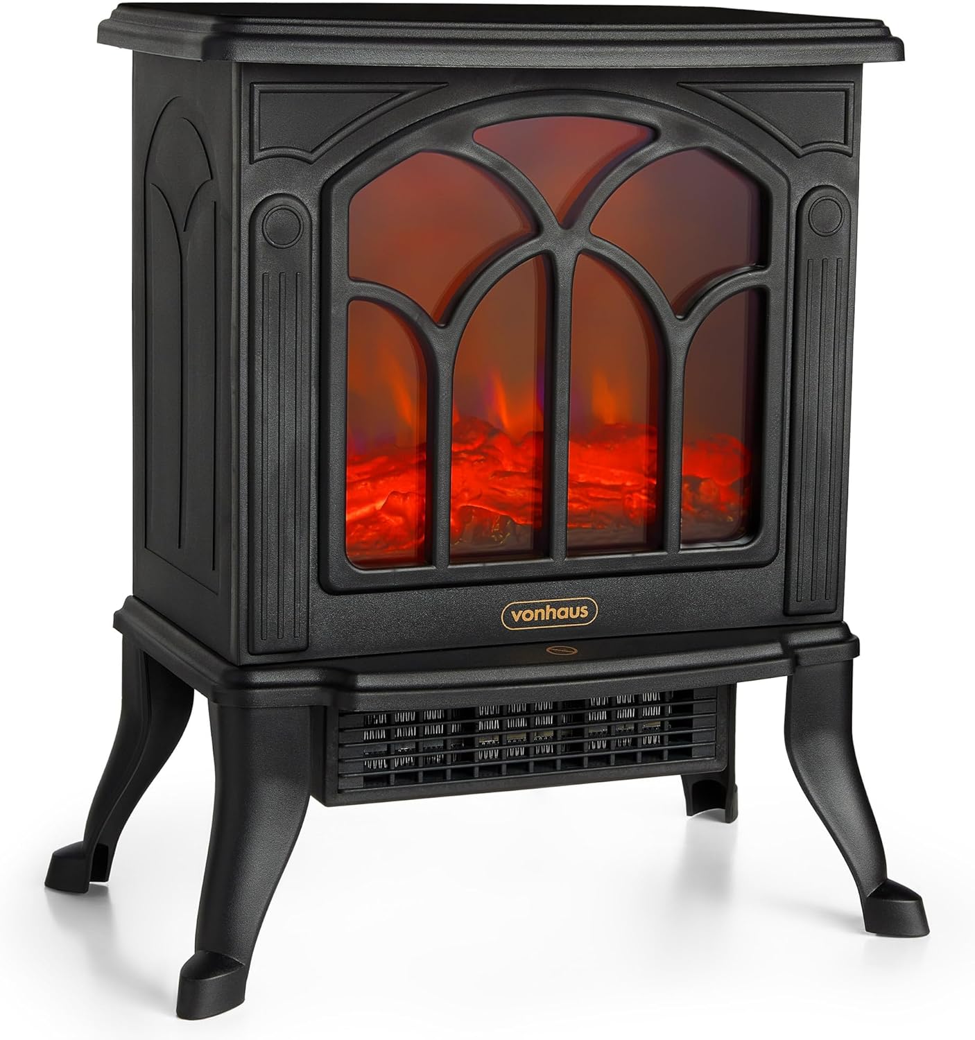 VonHaus Electric Stove Heater 1500W – Electric Fireplace – Indoor Log/Wood Burner Effect, Freestanding Fire, Portable, LED Flame, 2 Heat Settings, Adjustable Thermostat, Black – H45 x W41 x D24cm