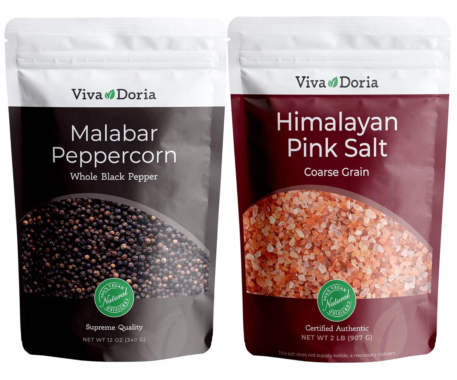 Viva Doria Malabar Whole Black Peppercorns, 12 Oz & Himalayan Pink Salt, Coarse Grain, 2 lb | Mineral Salt & Whole Black Pepper | Combo Pack | Grinder Refill Pack | Refills for Grinders