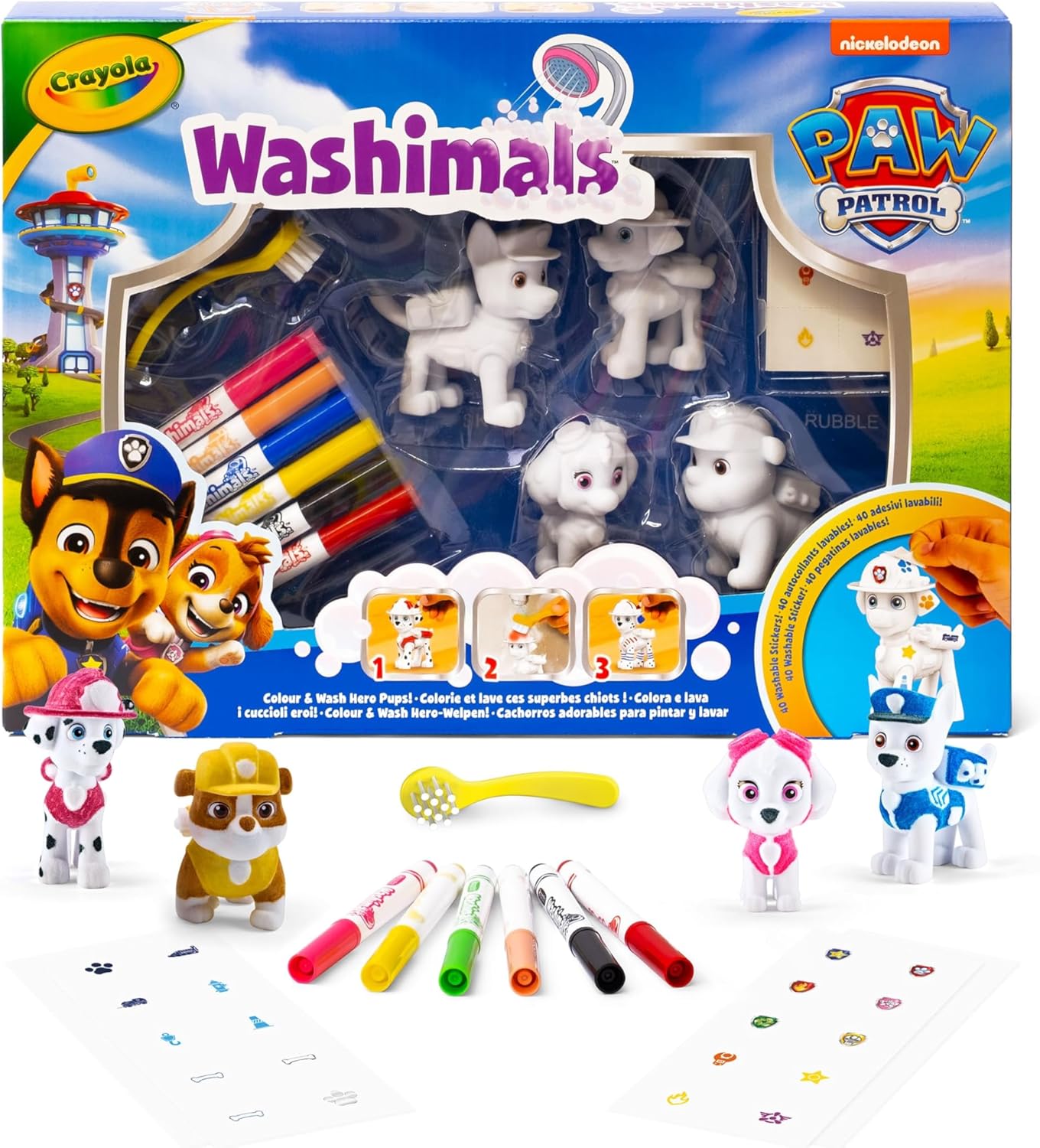 CRAYOLA Washimals - Paw Patrol Activity Set |Includes 4 Washable Figures, 6 Washable Markers, 40 Stickers and Brush | Suitable for Ages 3+