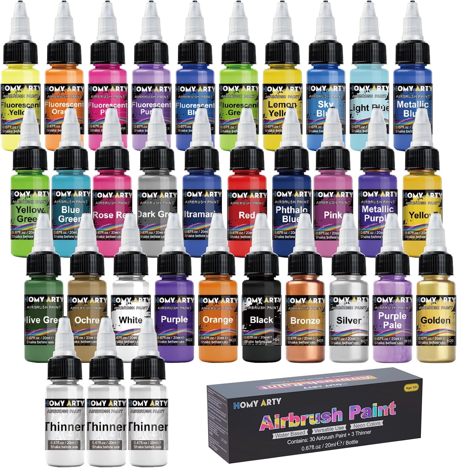 HOMY ARTY Airbrush Paint - 30 Colors with 3 Thinner, Water-Based Airbrush Paint Set, Ready to Spray Acrylic Air Brush Paints for Metal, Plastic Models, Canvas, Wood, 20ml/Bottle