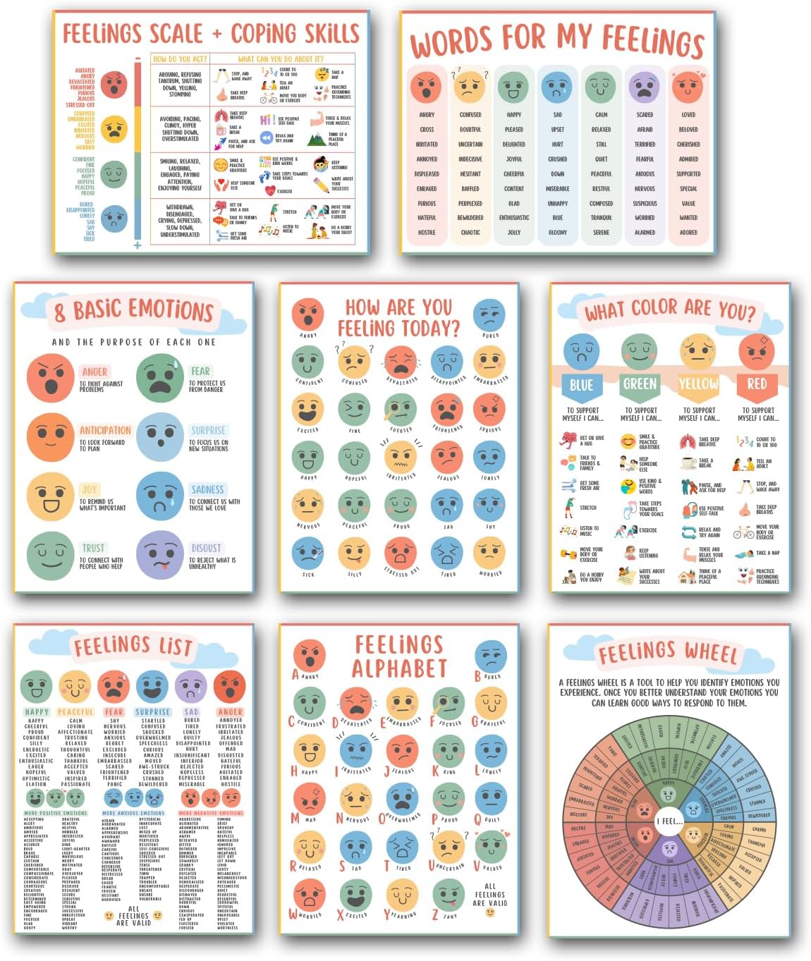 AUNMER Feelings Chart & Emotions Chart – Classroom Posters for Calm Corner, Mental Health & Behaviour Chart, Calming Corner Posters, Special Education Classroom Decor & Calm Down Supplies