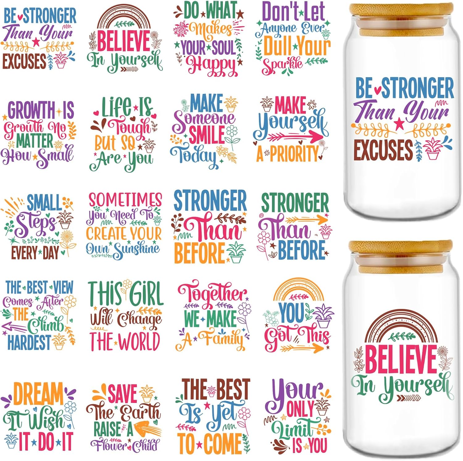 Inspirational UV DTF Stickers - 20 Sheets Motivational Quotes UV DTF Cup Wraps for 16 oz Glass, Colorful Flower Rainbow Rub on Transfer Stickers, Uvdtf Decals for Water Bottle DIY Crafts
