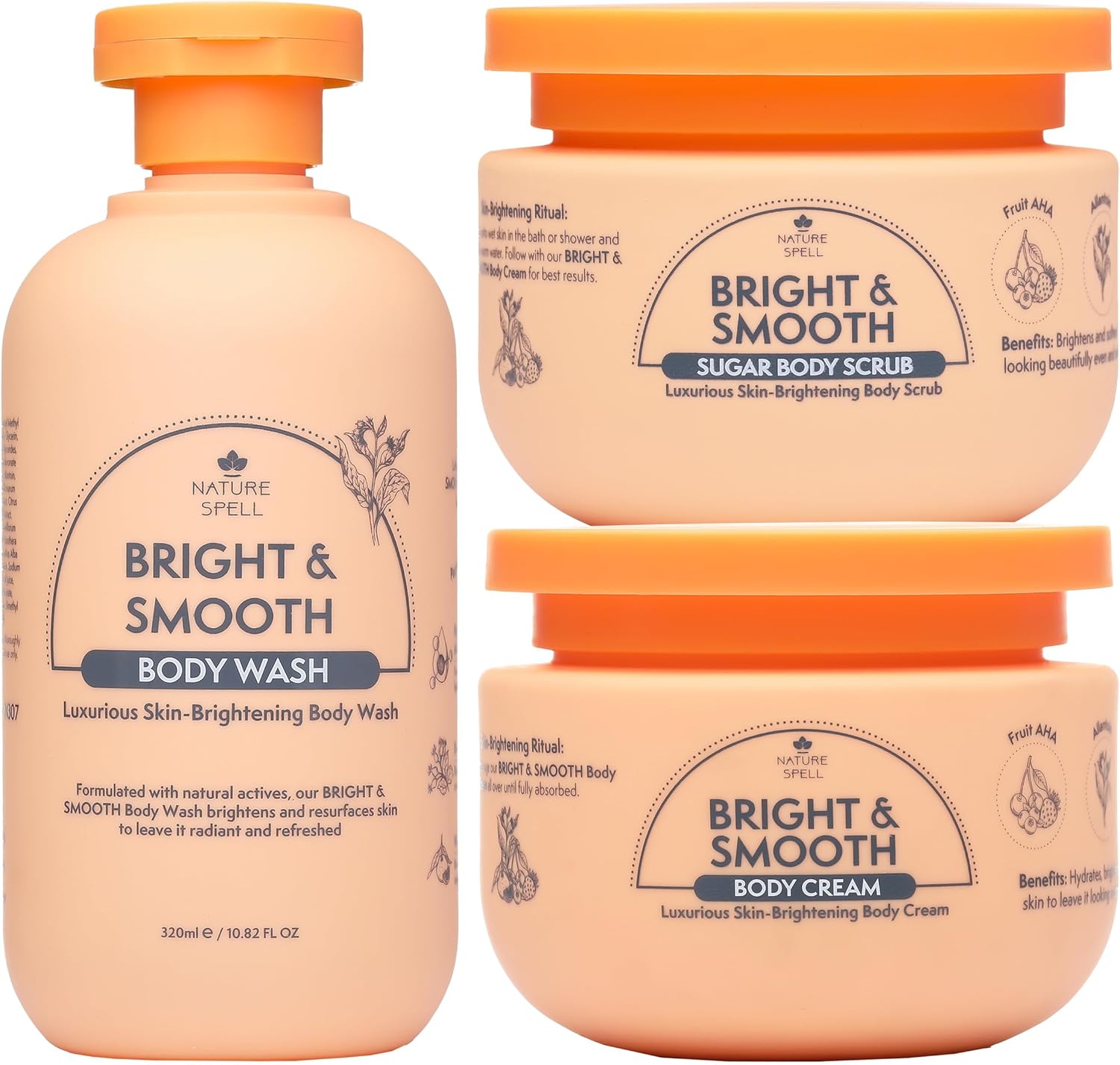 Nature Spell Bright & Smooth Body Care Gift Set for Women, Body Wash, Sugar Scrub and Cream with Vitamin C, AHA Fruit, Allantoin, Vegan, Set of 3