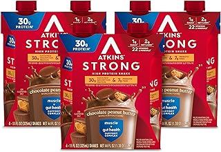 Atkins Strong High Protein Shake, Chocolate Peanut Butter, 30g Protein, 7g Prebiotic Fiber, Muscle & Gut Health Support Complex, 12 Count