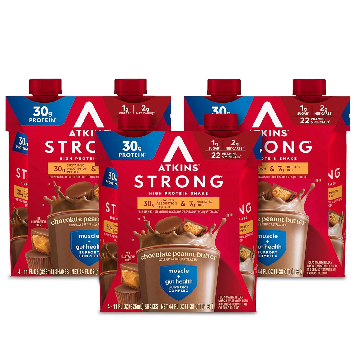 Atkins Strong High Protein Shake, Chocolate Peanut Butter, 30g Protein, 7g Prebiotic Fiber, Muscle & Gut Health Support Complex, 12 Count