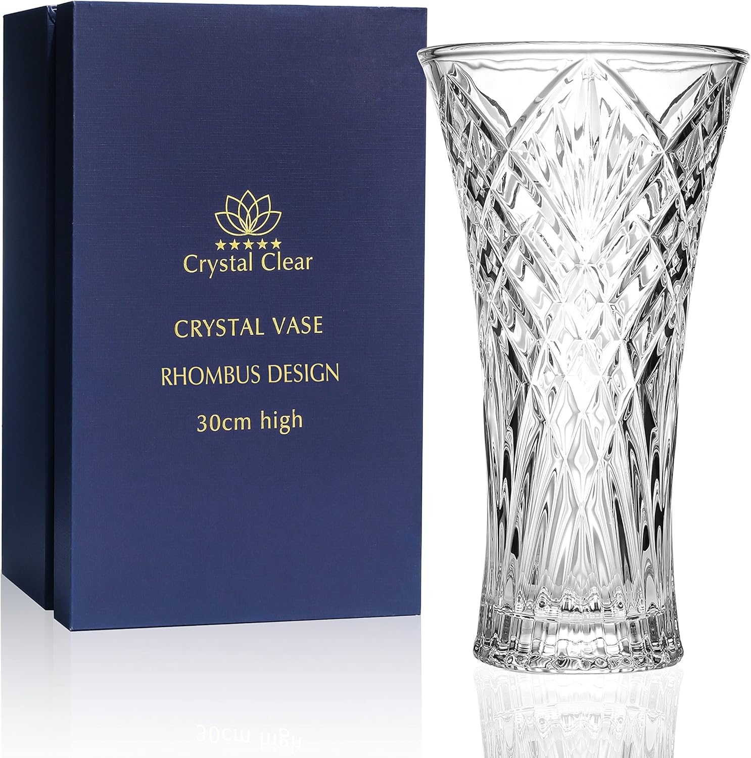 Crystal Vase, 30cm high, For Flowers & Decor, Rhombus Design, Eternal Love for Home Nice, Shiny, Adorable, Suitable For all Occasions, Perfect as a Gift,