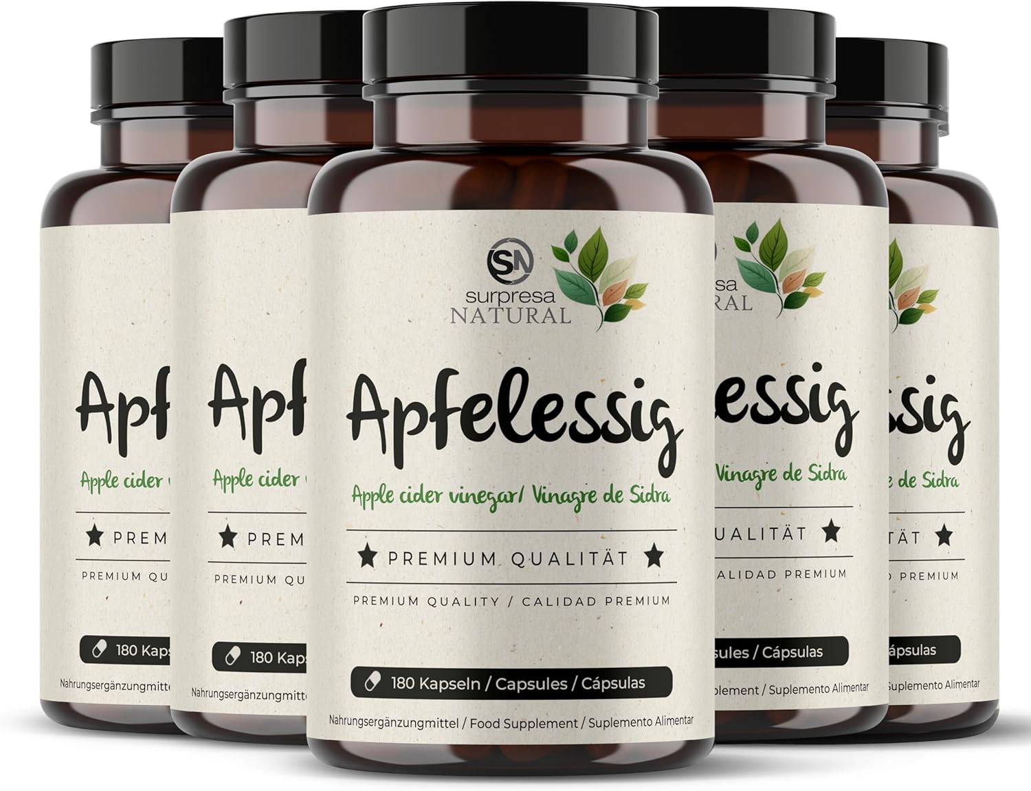 Surpresa Natural Apple Cider Vinegar Capsules High Dose I 5 x 180 Capsules I 1000 mg Apple Cider Vinegar per Daily Dose I Apple Cider Vinegar Dietary Supplement Vegan & Laboratory Tested I Apple Cider