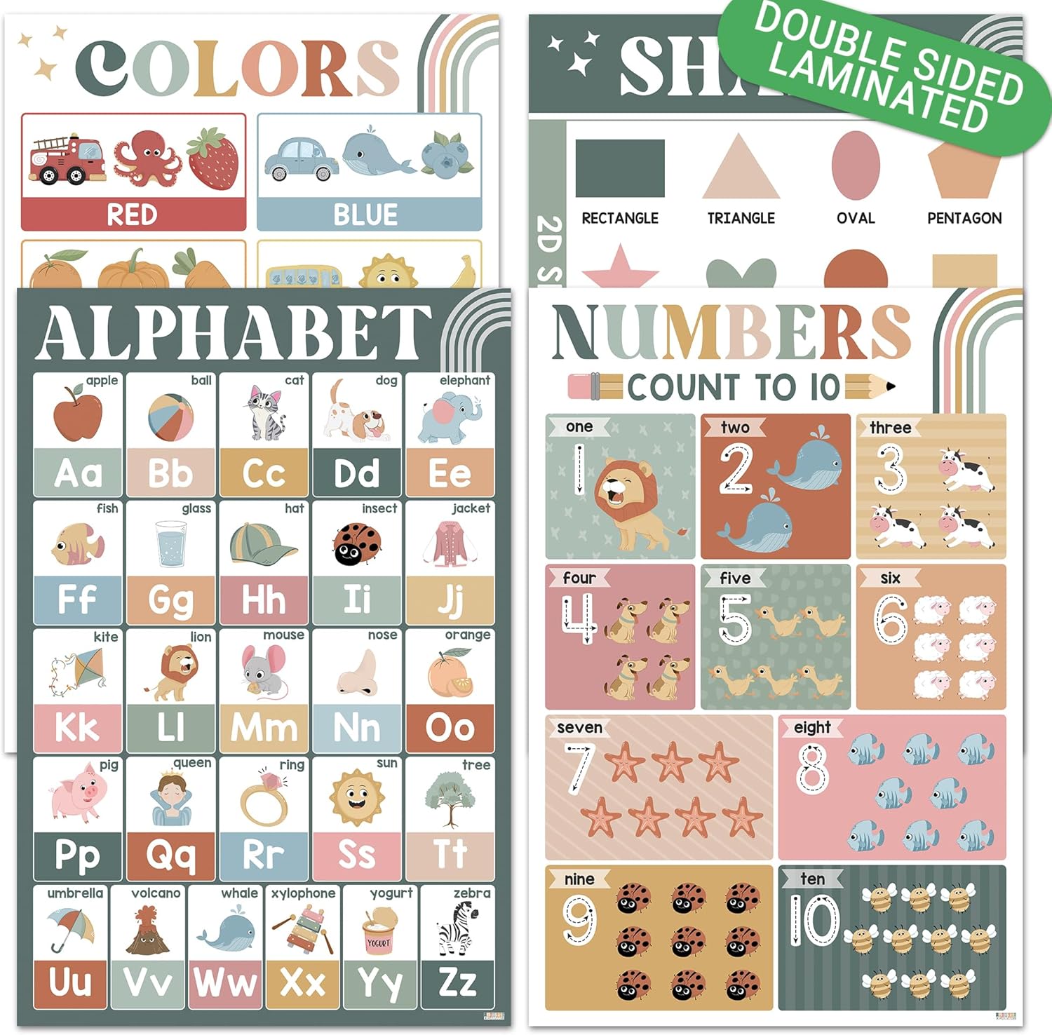 BEAWART ABC Alphabet Poster 16x24, Modern Boho Educational Posters for Toddlers 1-3 (Pack 4), Color Shape Number Chart for Classroom Decor, Learning Posters for Preschoolers, Homeschool Supplies, Double Laminated