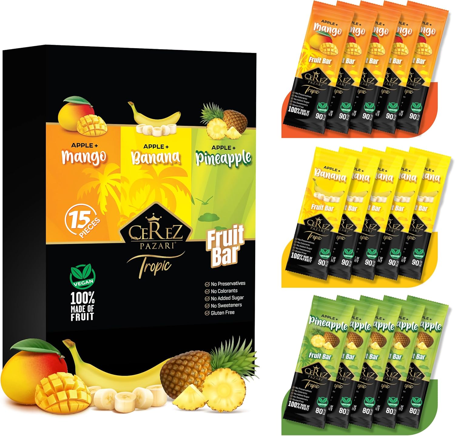 Cerez Pazari Dried Fruit Roll Ups, 25g x 15pack Snacks Variety Pack for Adults and Kids, Healthy Fruit Snacks Bulk, Vegan Real Fruit Bars, Snacks with Banana, Pineapple & Mango Exotic Tropical Fruits