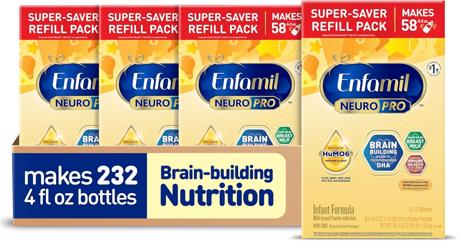 Enfamil NeuroPro Baby Formula, MFGM* 5-Year Benefit, Expert-Recommended Brain-Building Omega-3 DHA, Exclusive Immune Supporting HuMO6 Blend, Infant Formula Powder, Baby Milk, 36.4 Oz (Pack of 4)