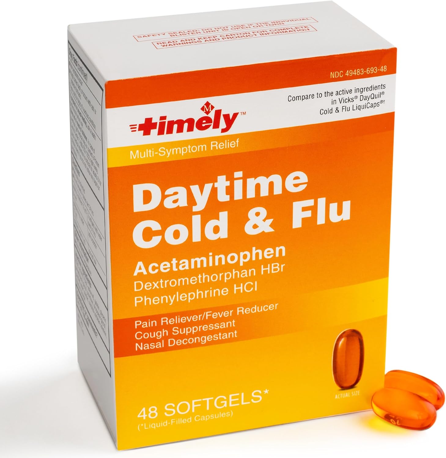 TIME-CAP LABS, INC. Timely Daytime Cold and Flu Medicine 48 Softgels - Compared to The Active Ingredients in Vicks DayQuil Cold & Flu LiquiCaps - Cough Suppressant, Nasal Decongestant, Pain Reliever