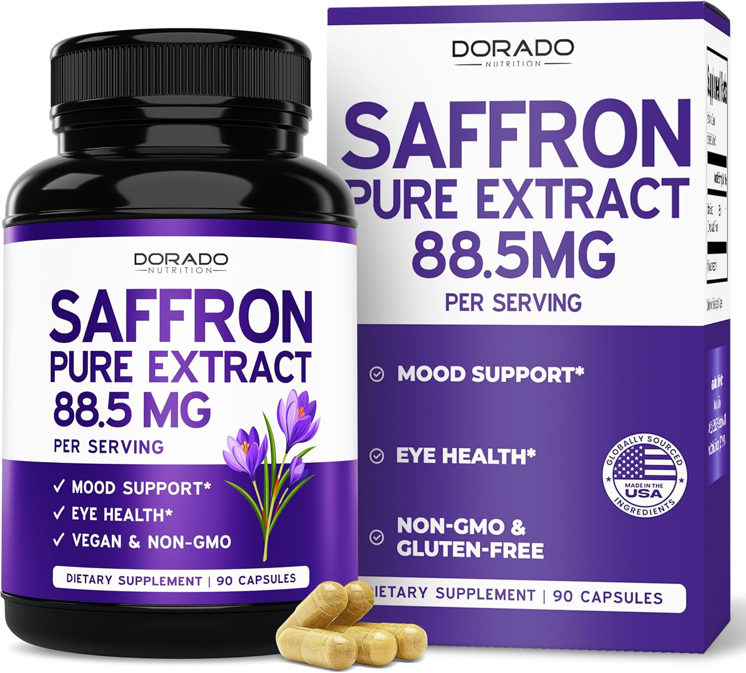 Saffron Supplements for Mood, Energy & Vision Support (3 Month Supply) Pure Saffron Extract 88.5mg Per Serving - Vegan Safe, Gluten Free, Third Party Tested & Non GMO - USA Made (90 Veggie Capsules)