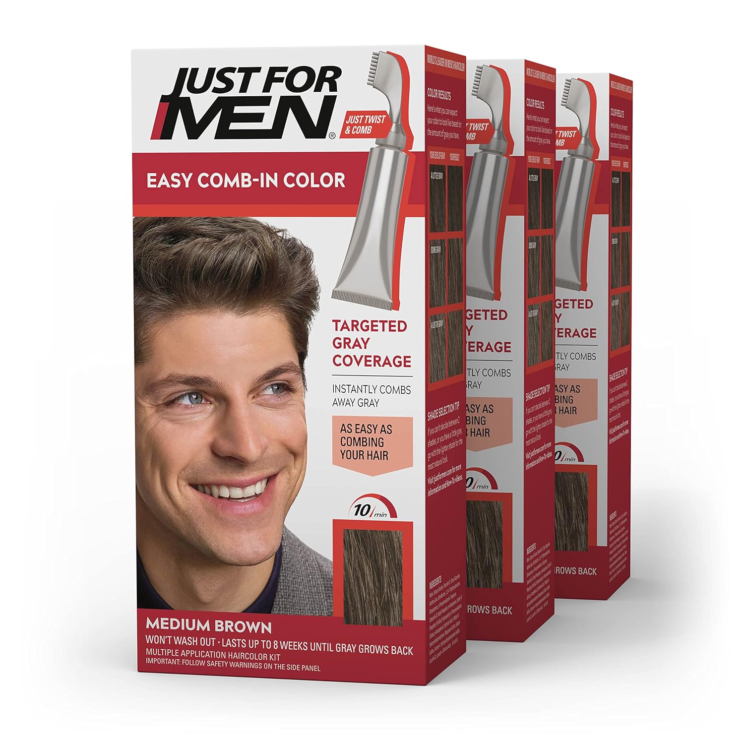 Just For Men AutoStop Men's Comb-In Hair Color, Medium Brown (Pack of 3)