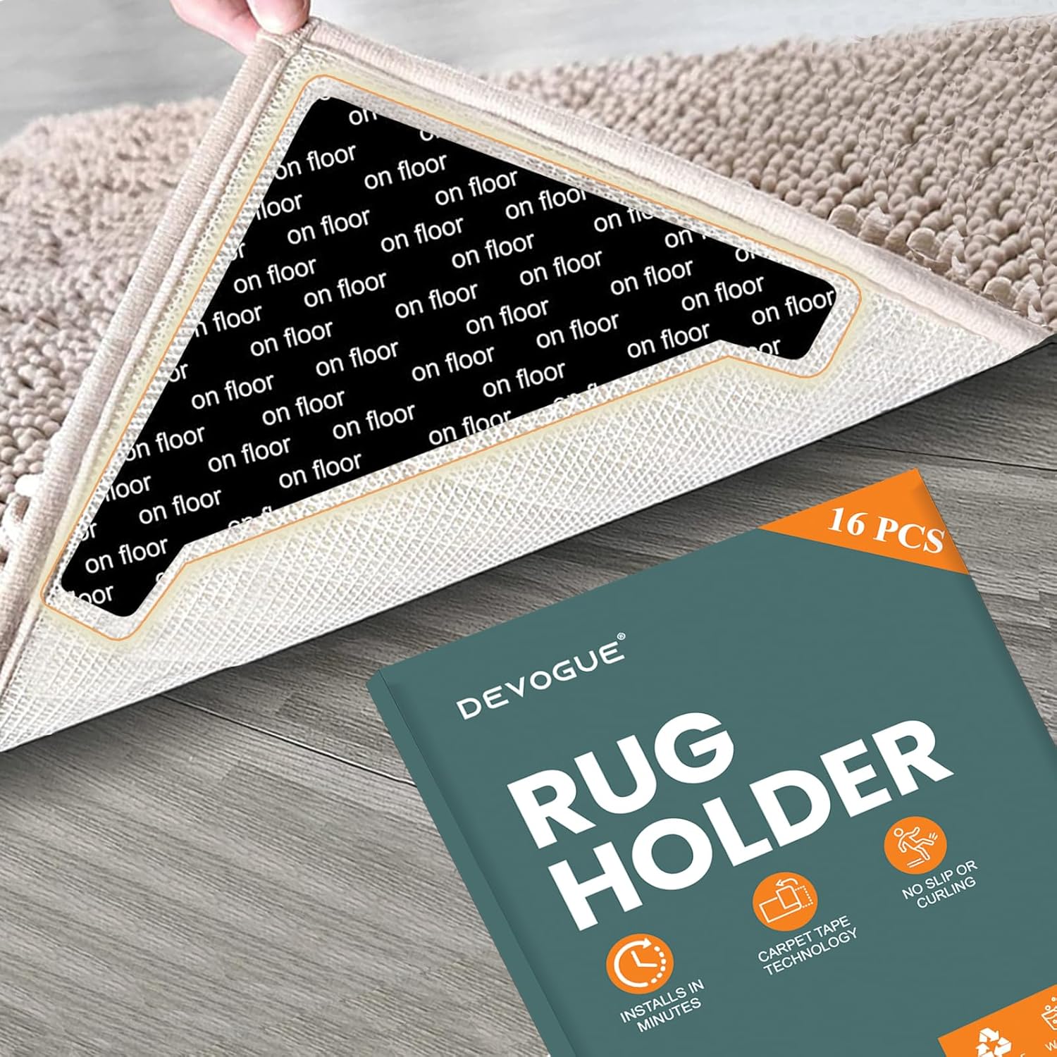 DEVOGUE 16PCS Rug Gripper Tape Dual Sided Washable & Removable Prevent Curling Corner Carpet Tape - Keep Rug in Place Non Slip Adhesive Rug Tape for Hardwood Floors and Tile