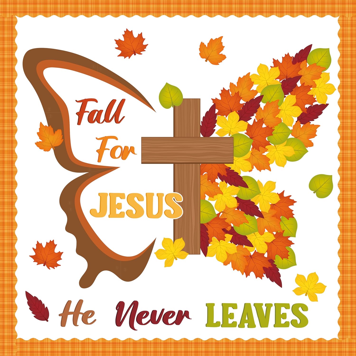 BeYumi Fall Butterfly Bulletin Board - 105Pcs Fall for Jesus He Never Leaves Christian Bulletin Board Autumn Thanksgiving Cross Cutouts Border Trim Religious Sunday School Classroom Chalkboard Decor