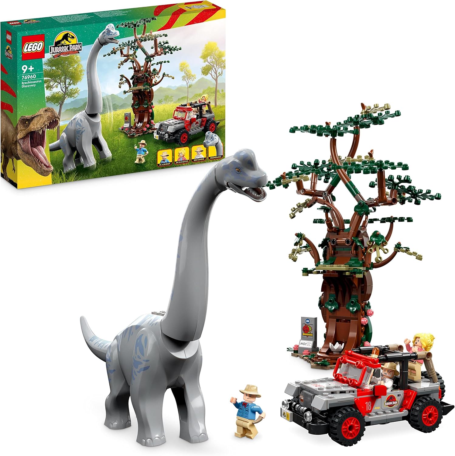 LEGO 76960 Jurassic Park Brachiosaurus Discovery Dinosaur Toy Set with Large Dino Figure, Tree and Buildable Jeep Wrangler Car, Gift for Boys, Girls, Kids, 30th Anniversary Collection