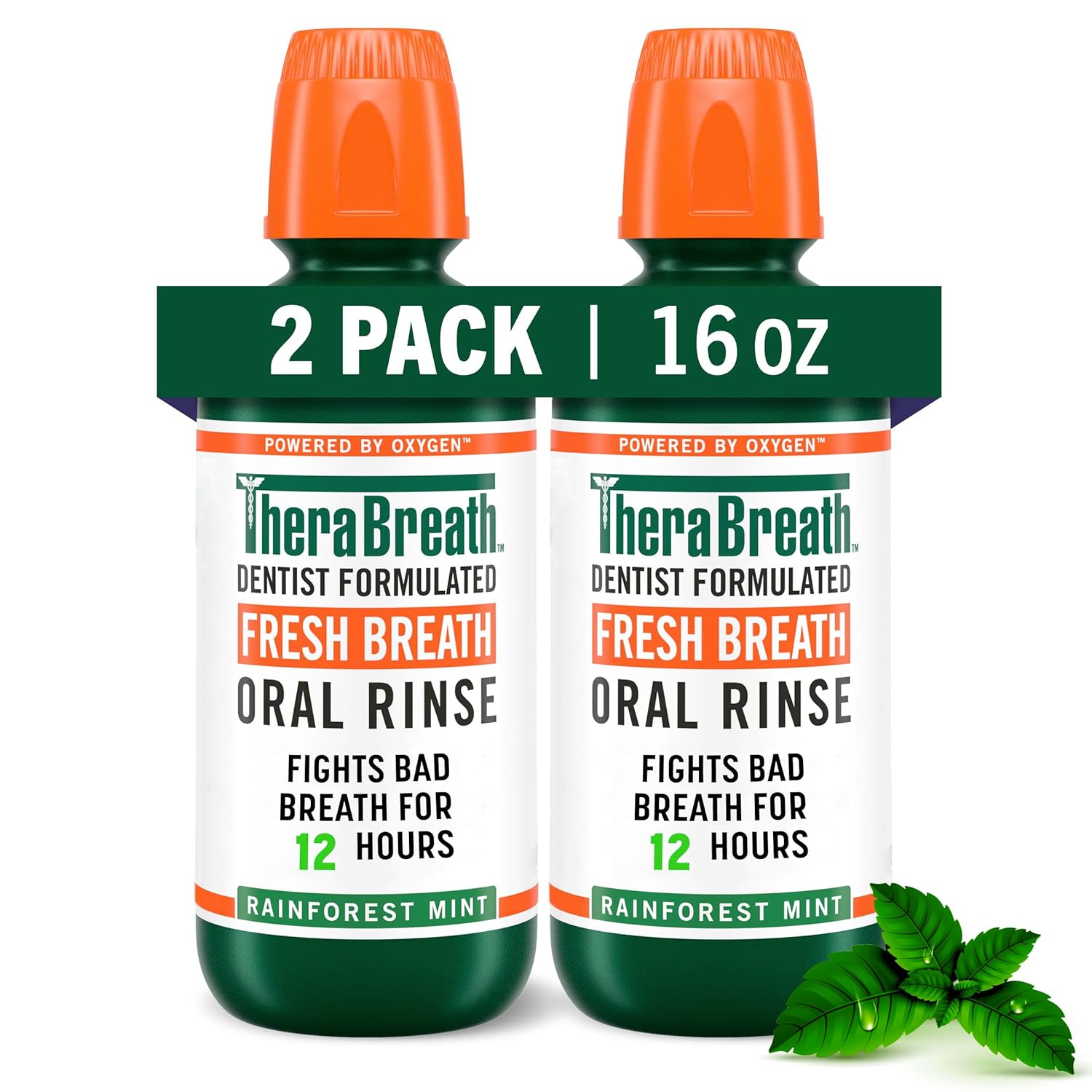 TheraBreath Fresh Breath Mouthwash, Rainforest Mint, Alcohol-Free, 16 Fl Oz (2-Pack)