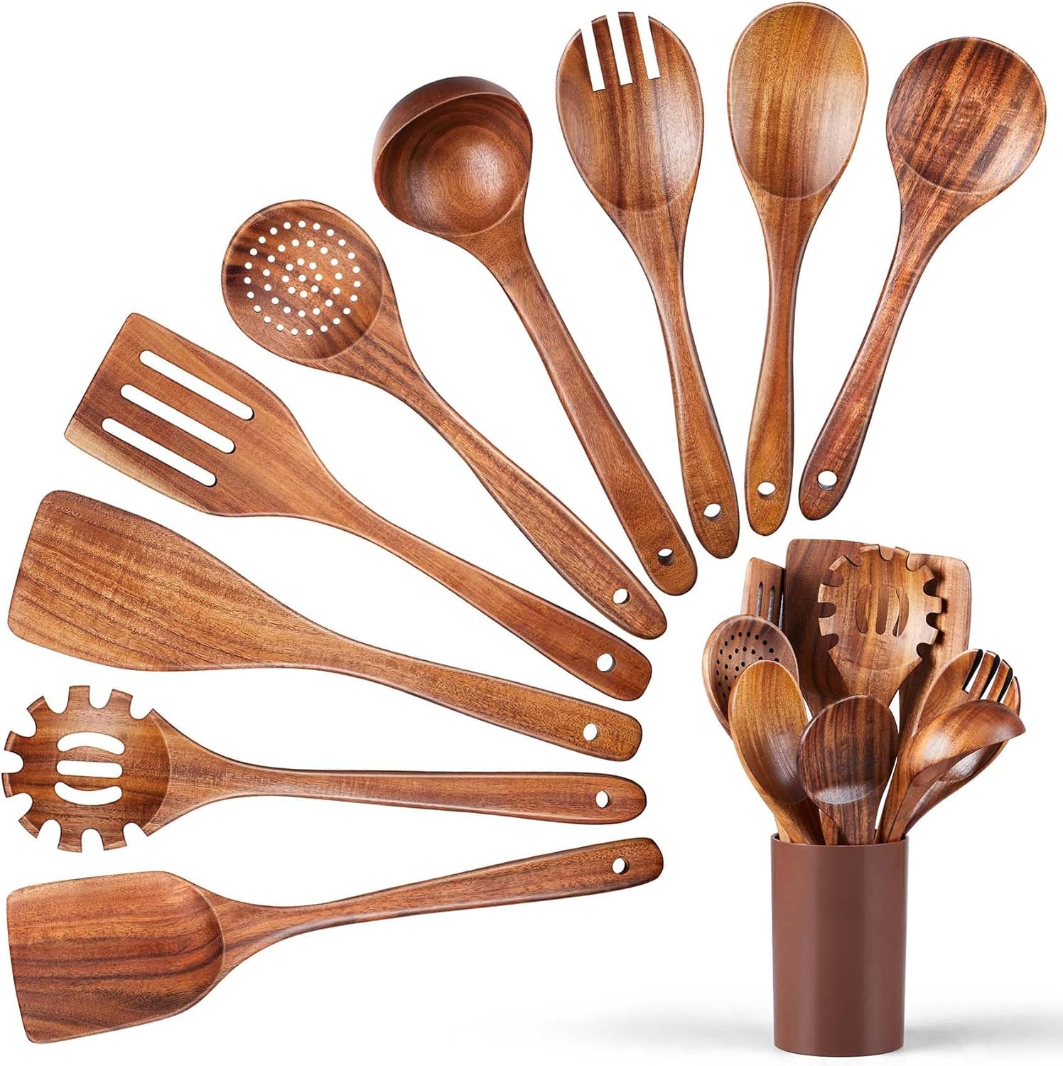 Onader Wooden Kitchen Utensils Set with Holder, 10Pcs Teak Wood Cooking Utensils Set, Heat Resistant Spatulas & Spoon for Cooking, Mixing and Serving, Nonstick & Healthy, Easy to Clean