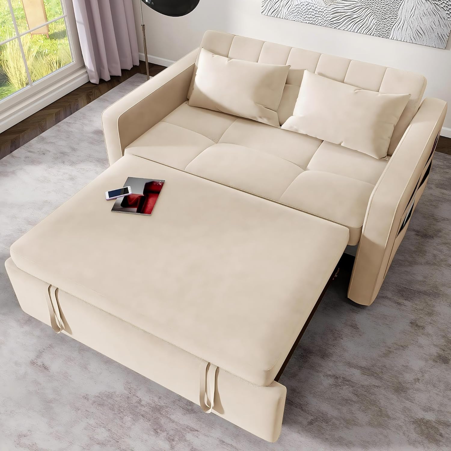 DWVO 55" Convertible Sofa Bed, 3-in-1 Sleeper Sofa with Pull-Out Bed, Velvet Futon Couch with Adjustable Backrest and Side Pocket, Modern Loveseat for Living Room Apartment, Beige