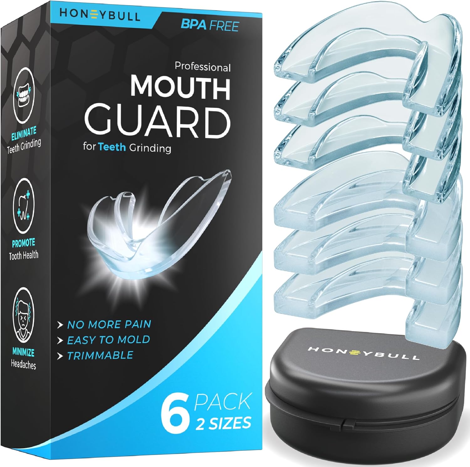 HONEYBULL Mouth Guard for Grinding Teeth [6 Pack - Mixed] Comes in 2 Sizes for Light and Heavy Grinding | Comfortable Custom Mouth Guard for Clenching Teeth at Night, Bruxism, Whitening Tray & Guard